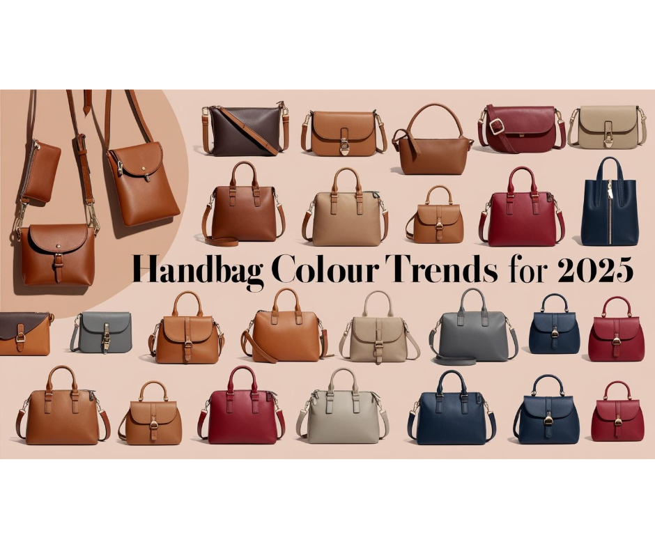 A collection of handbags in various colors and styles is displayed against a beige background. The text reads "Handbag Colour Trends for 2025," showcasing multiple designs such as totes, crossbodies, and satchels in earthy tones, red, blue, and beige.