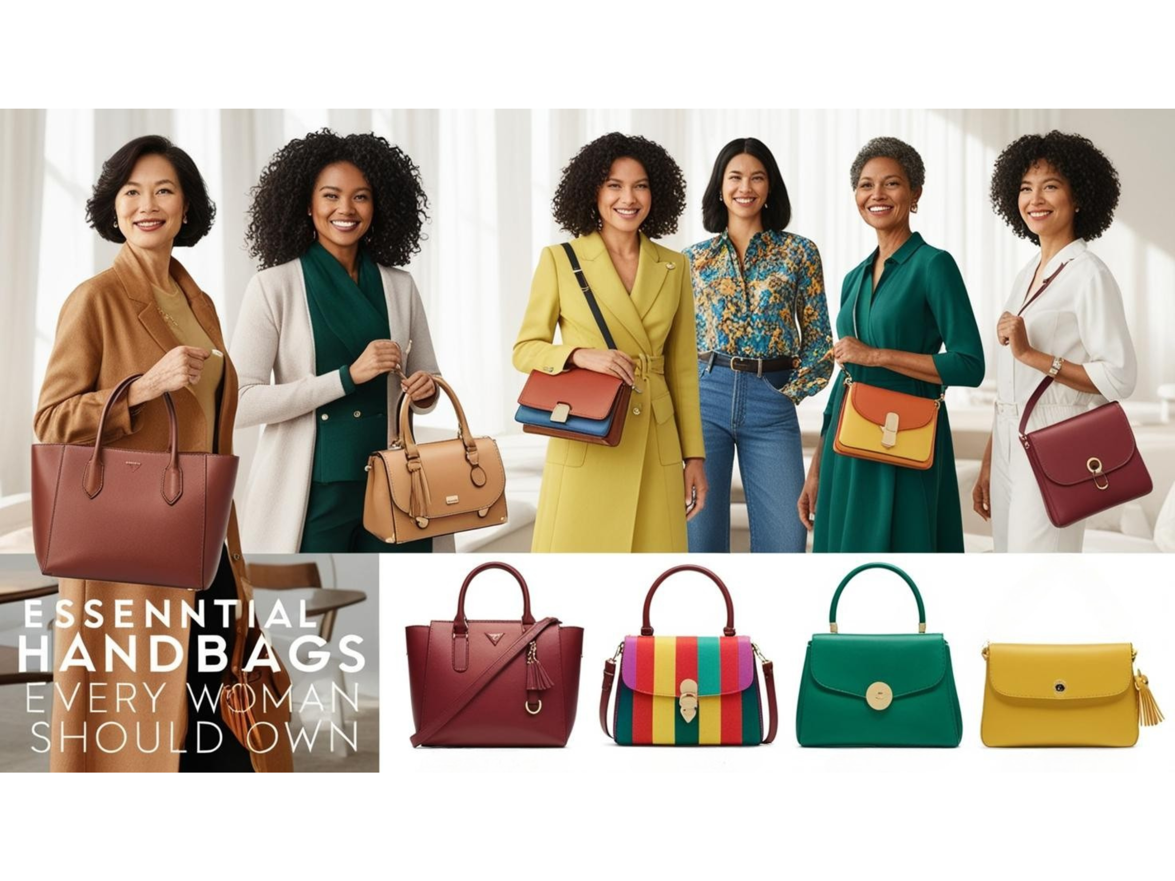 A diverse group of five women, each holding a different stylish handbag, stands smiling. Below them, five handbags are displayed: brown, red, multicolored striped, green, and yellow. Text reads "Essential Handbags Every Woman Should Own.