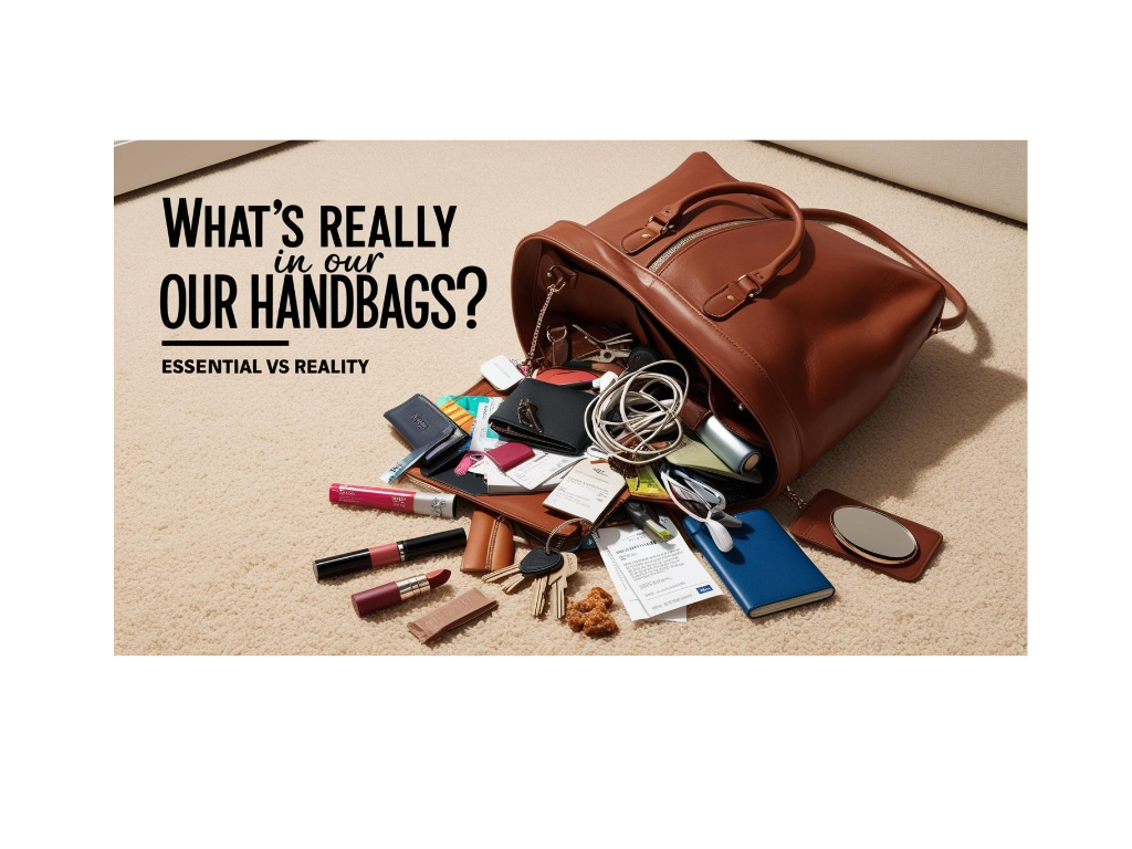 A brown handbag spills its contents onto a carpet, including makeup, keys, phone, cables, wallet, cards, receipts, gum, and more. Bold text reads: "What's really in our handbags? Essential vs Reality.