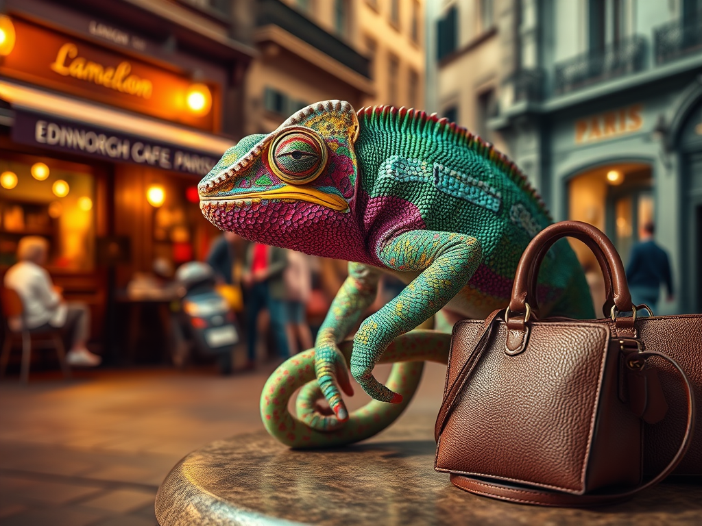 A colorful chameleon, aptly posing the question "What's in a name," sits on a café table next to a brown leather handbag, with a lively street scene and bustling café in the background.
