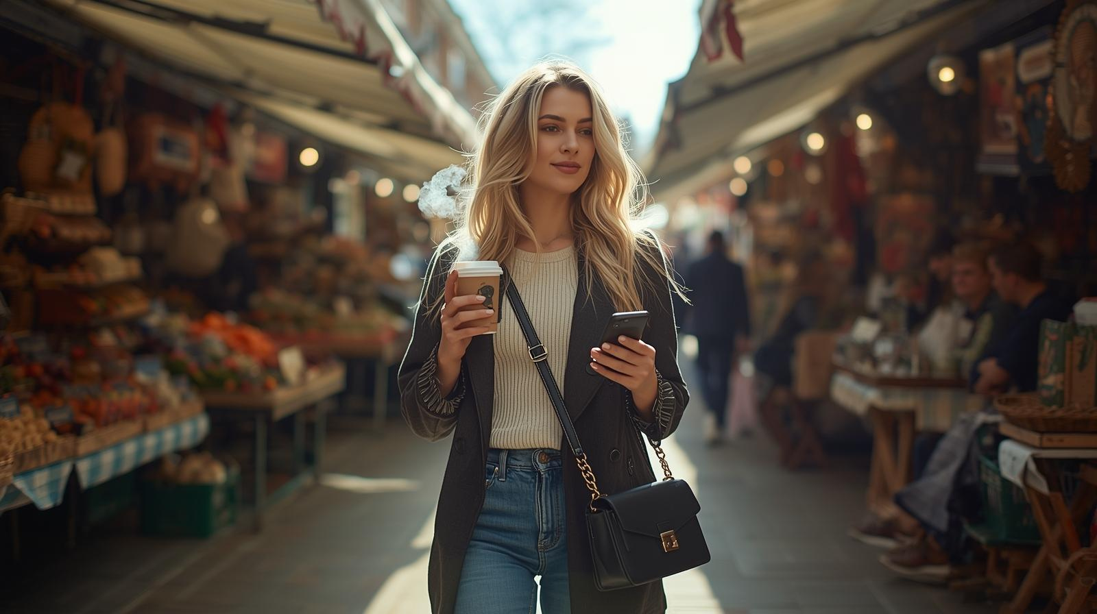 A young woman with long blonde hair walks through an outdoor market, holding a coffee cup and a smartphone. She wears a gray coat, white sweater, and jeans, with stalls of produce and people in the background.
