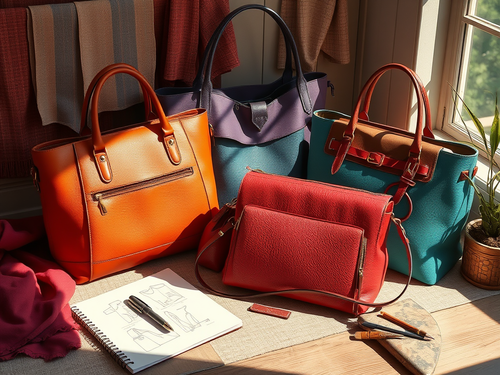 A collection of colorful leather handbags is arranged by a sunlit window, with a sketchbook, pen, and leather working tools nearby, suggesting a design or crafting workspace.