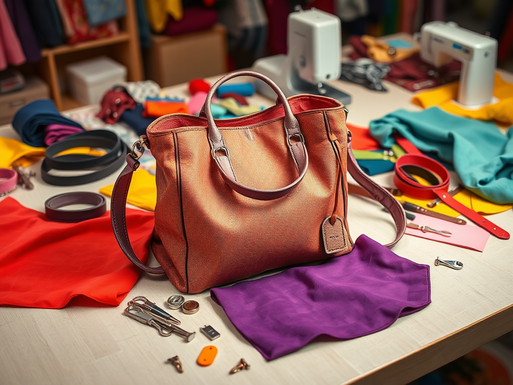A brown leather handbag sits on a table surrounded by colorful fabric, sewing tools, metal clasps, and zippers in a workshop, with sewing machines and materials in the background.